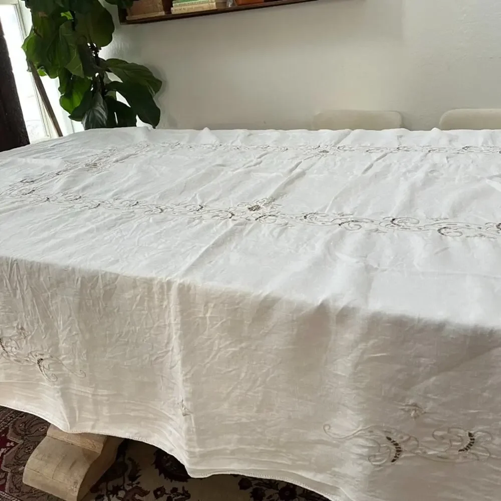 Vtg 1 Tablecloth & 10 Napkins Off-white Linen Taupe Embroidered Openwork Madeira